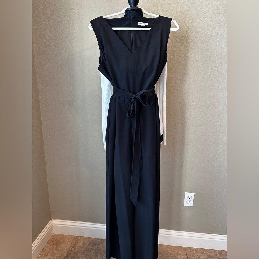 Calvin Klein Jumpsuit 14 | Black Wide-Leg Dressy Sleeveless One-Piece - Picture 4 of 7